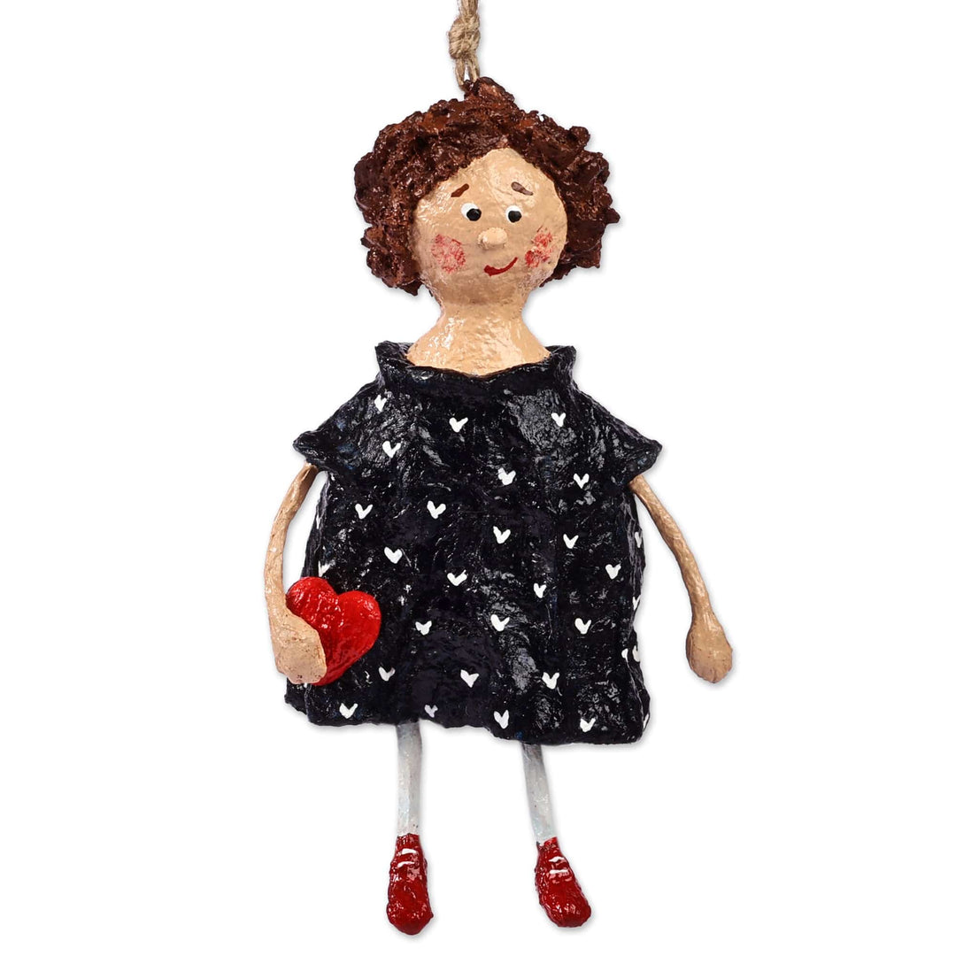 Hand-Painted Papier Mache Ornament of Girl Holding a Heart - Loanna