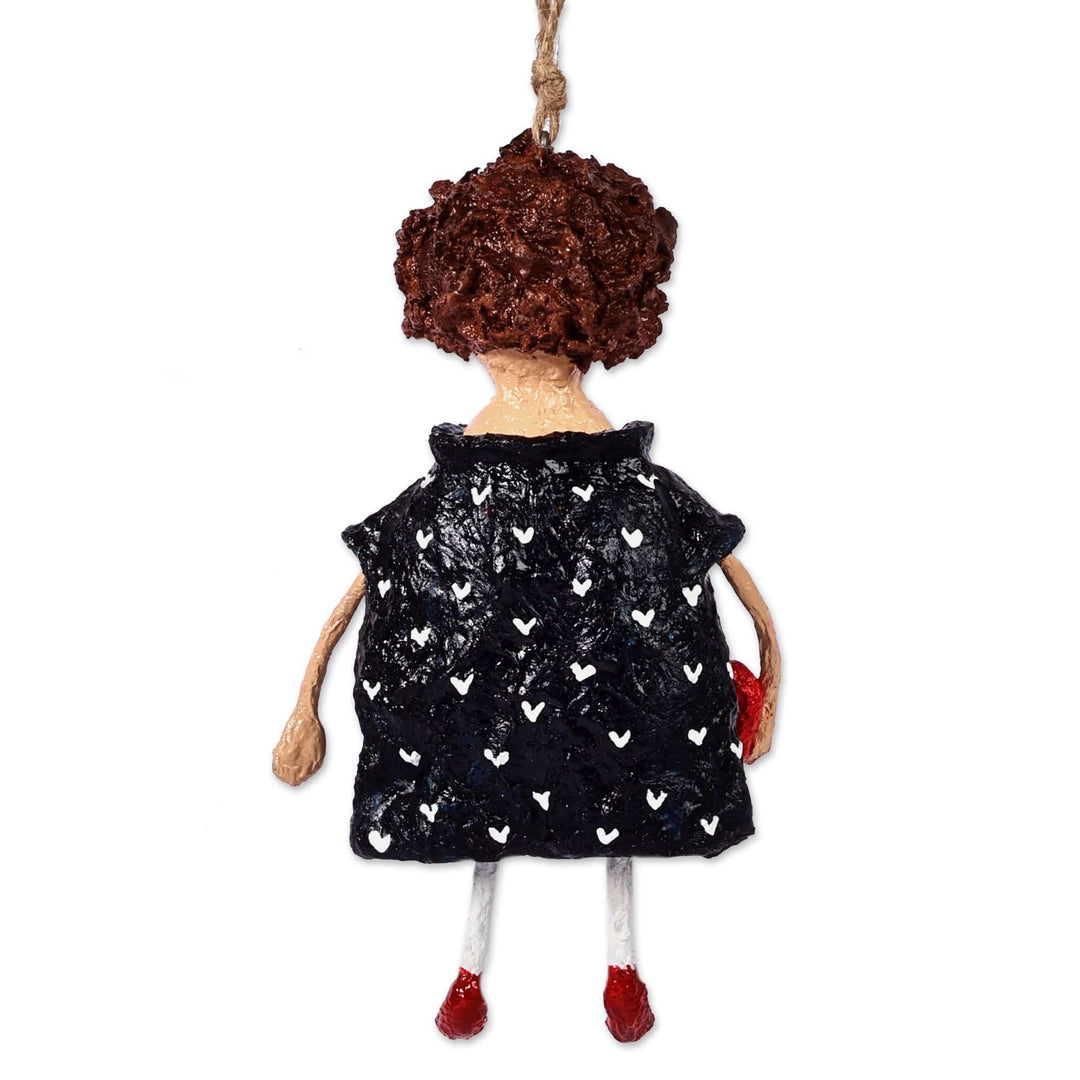 Hand-Painted Papier Mache Ornament of Girl Holding a Heart - Loanna