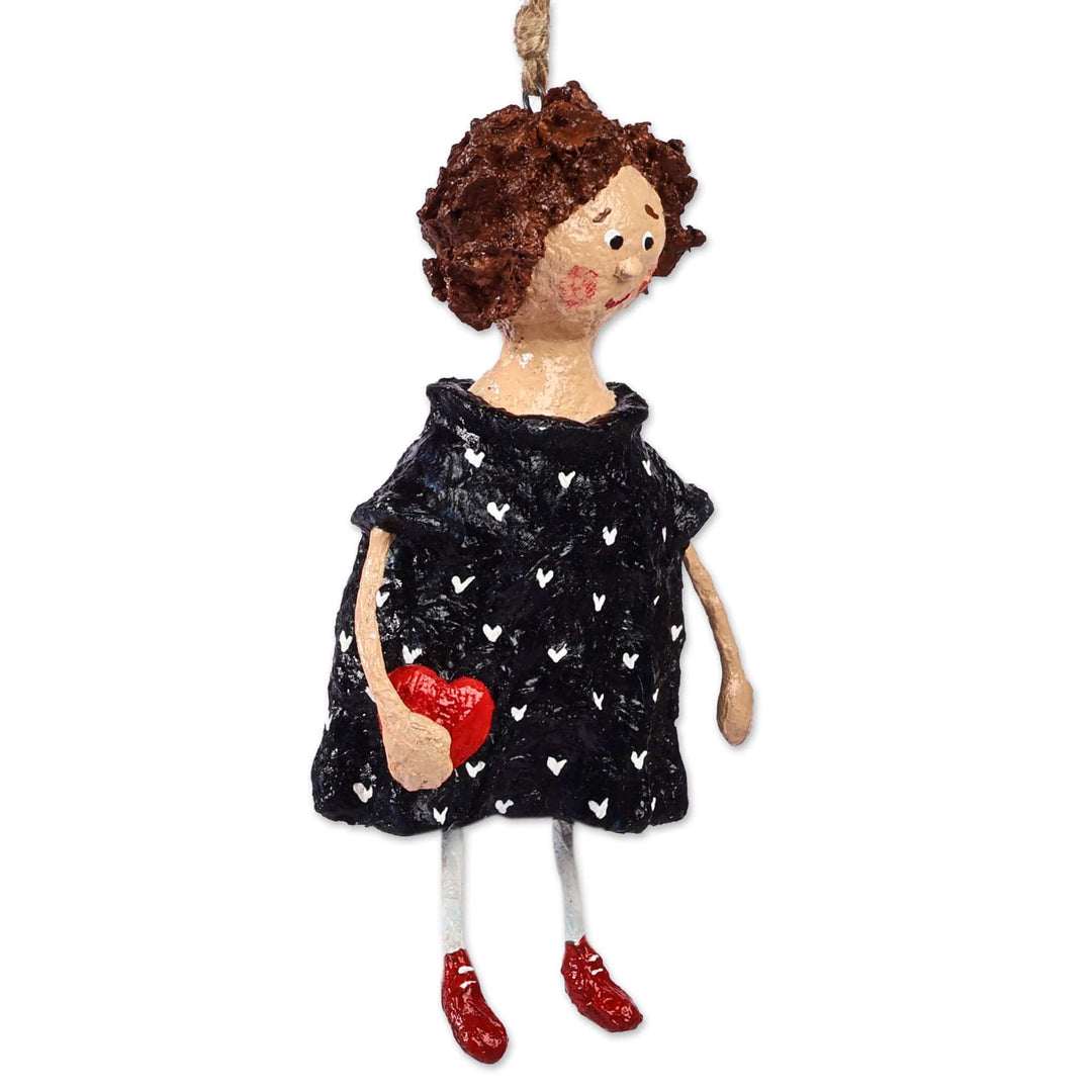 Hand-Painted Papier Mache Ornament of Girl Holding a Heart - Loanna