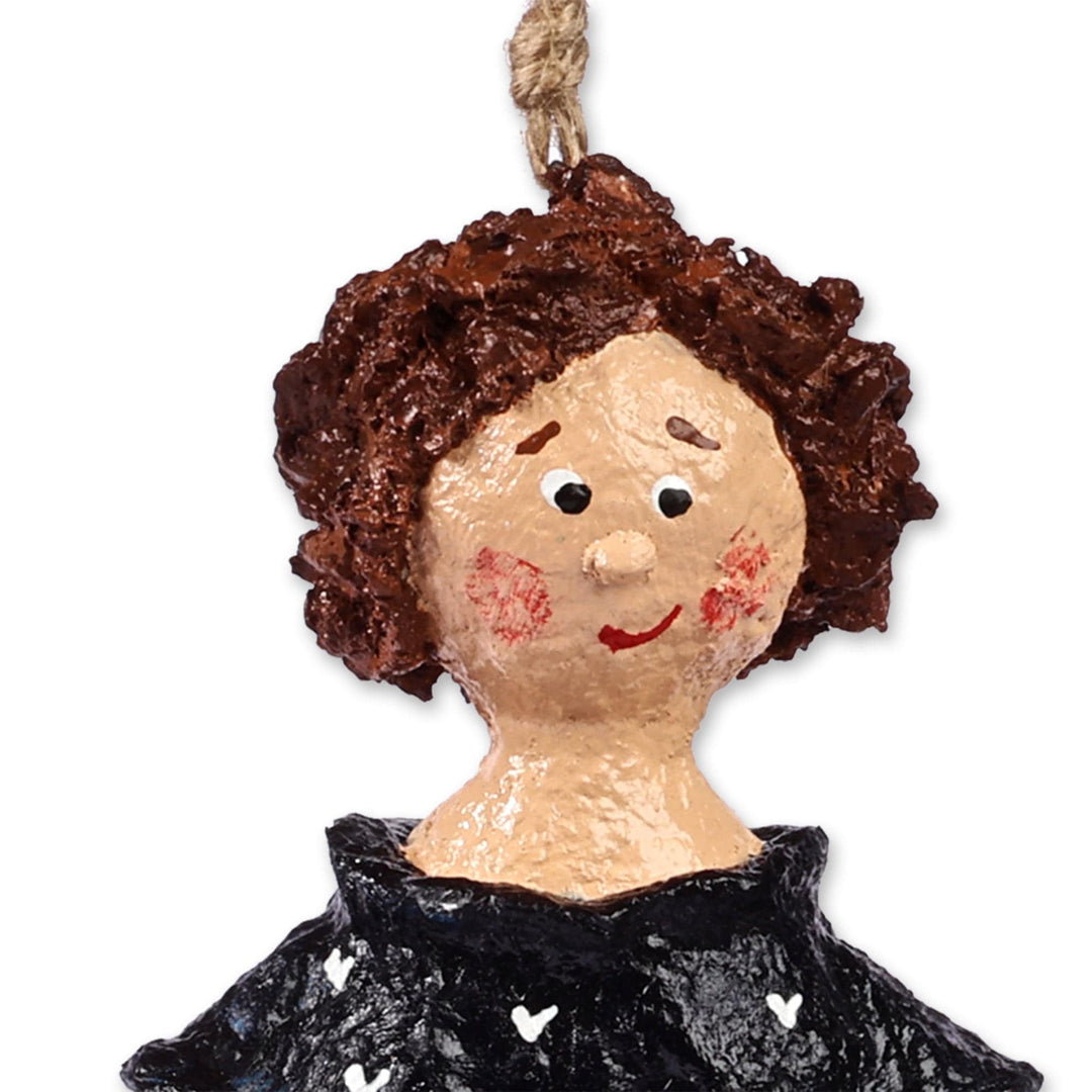 Hand-Painted Papier Mache Ornament of Girl Holding a Heart - Loanna