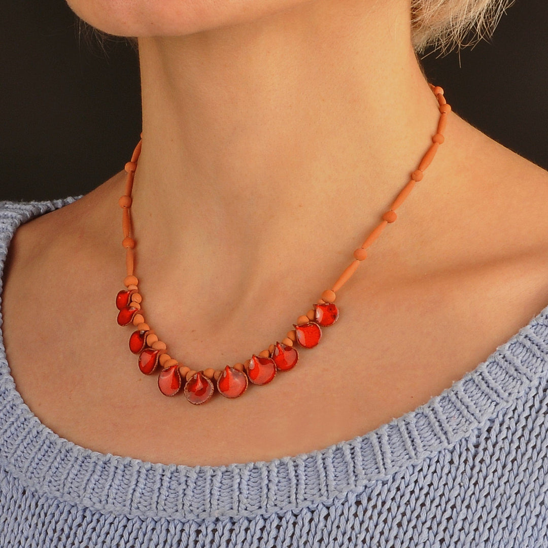 Hand-Painted Ceramic Beaded Droplet Necklace in Red & Orange - Flaming Droplets