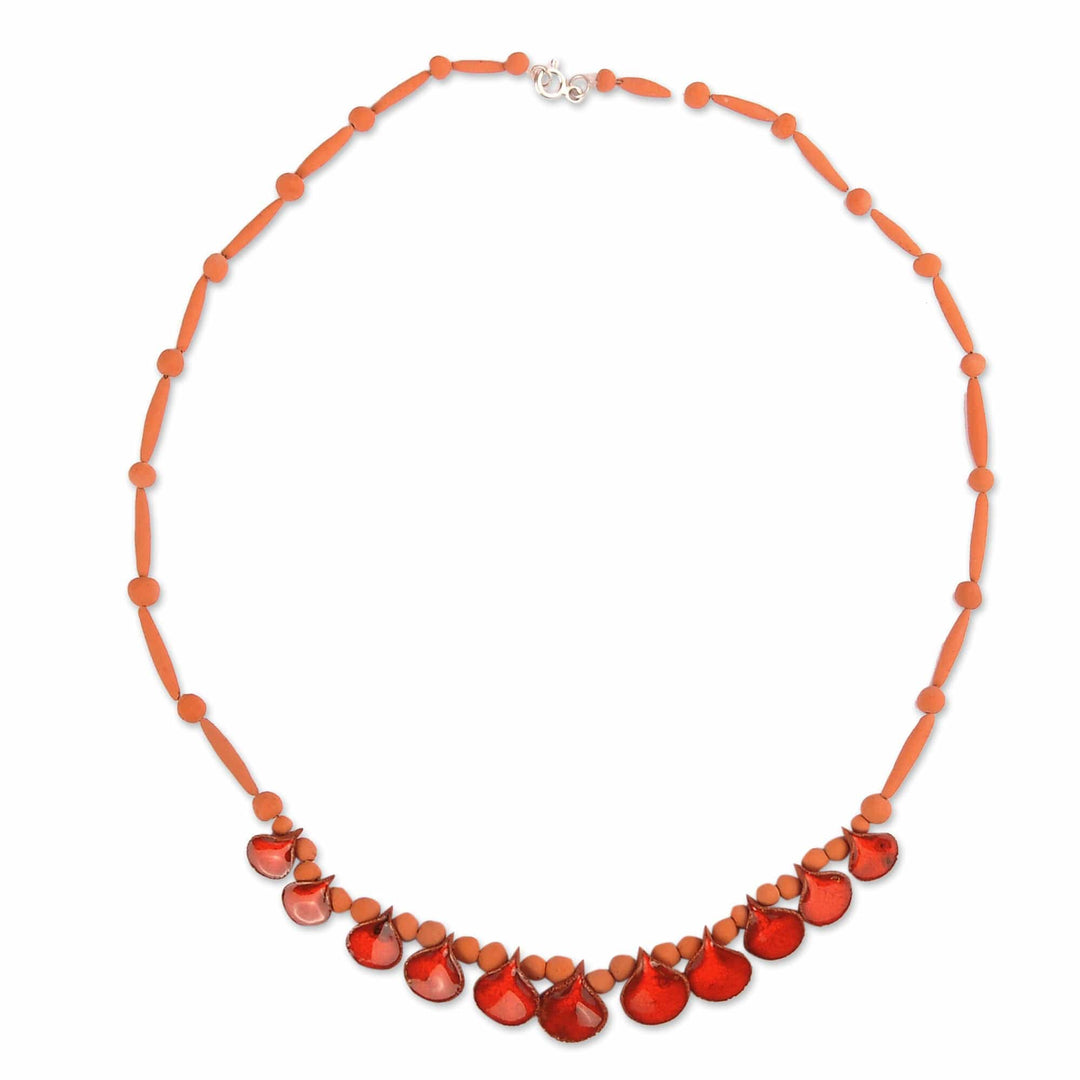 Hand-Painted Ceramic Beaded Droplet Necklace in Red & Orange - Flaming Droplets