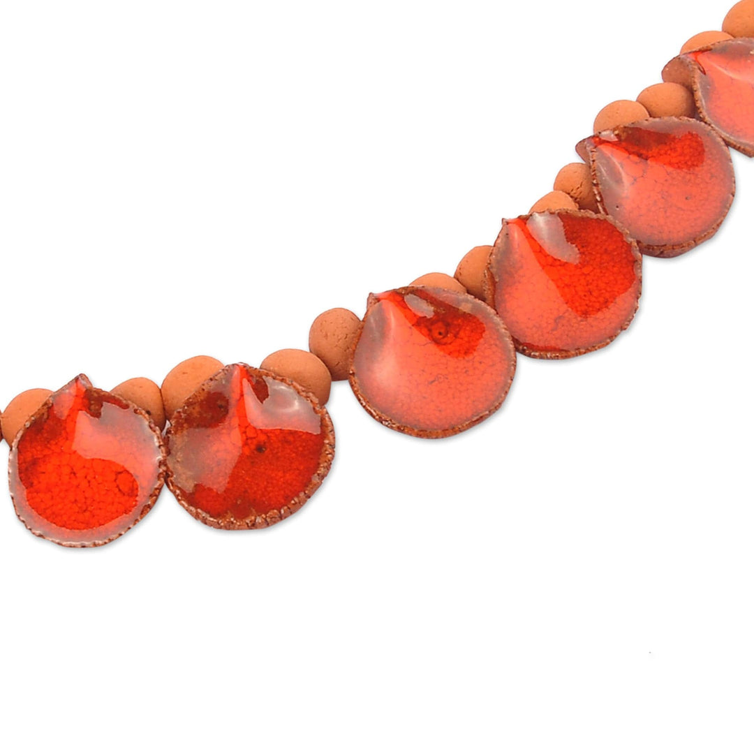 Hand-Painted Ceramic Beaded Droplet Necklace in Red & Orange - Flaming Droplets