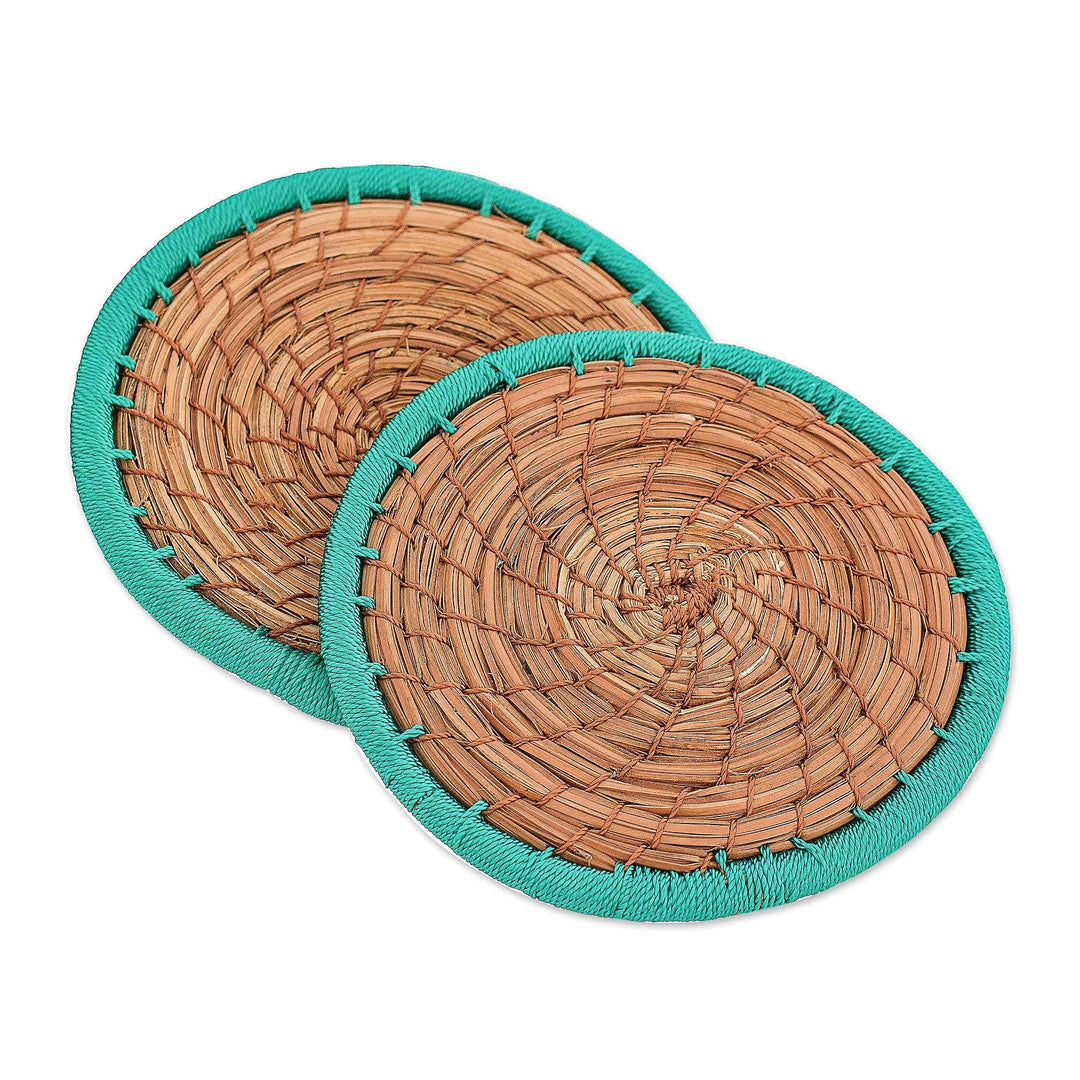 Handcrafted Pine Needle and Polyester Green Coasters (Pair) - Latin Toast in Green