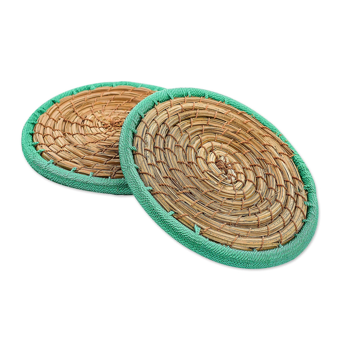Handcrafted Pine Needle and Polyester Green Coasters (Pair) - Latin Toast in Green