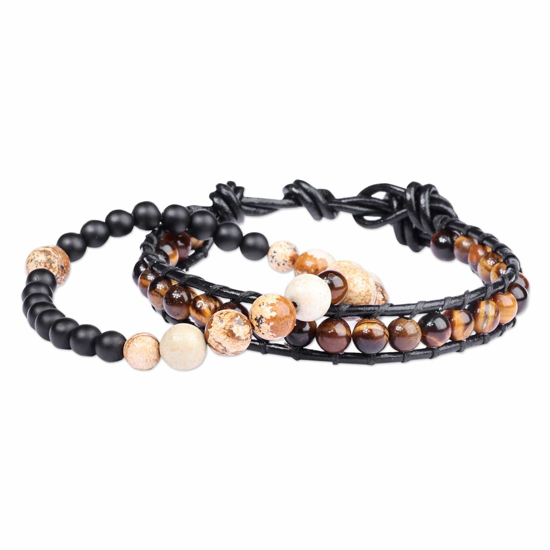 2 Men's Multi-Gemstone Beaded Stretch Leather Cord Bracelets - Alluring Flair