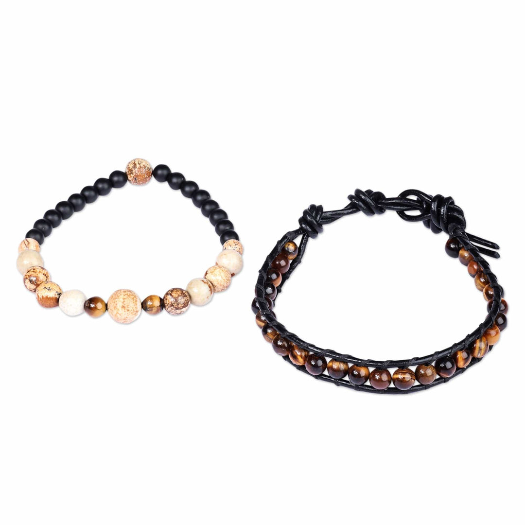 2 Men's Multi-Gemstone Beaded Stretch Leather Cord Bracelets - Alluring Flair