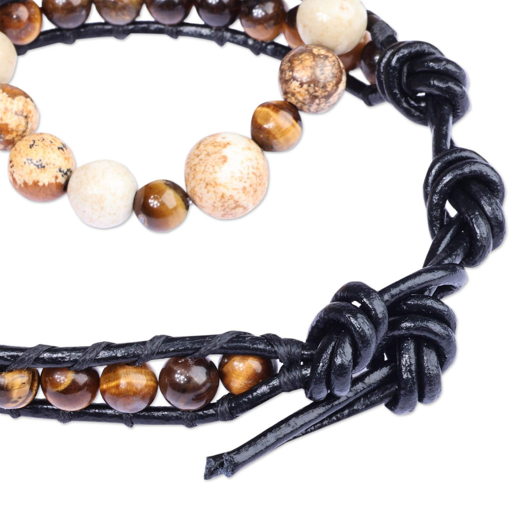 2 Men's Multi-Gemstone Beaded Stretch Leather Cord Bracelets - Alluring Flair