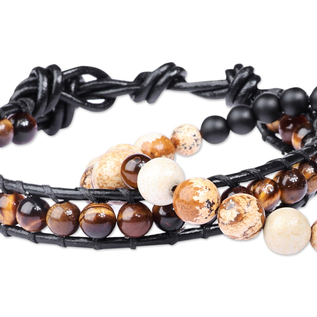 2 Men's Multi-Gemstone Beaded Stretch Leather Cord Bracelets - Alluring Flair