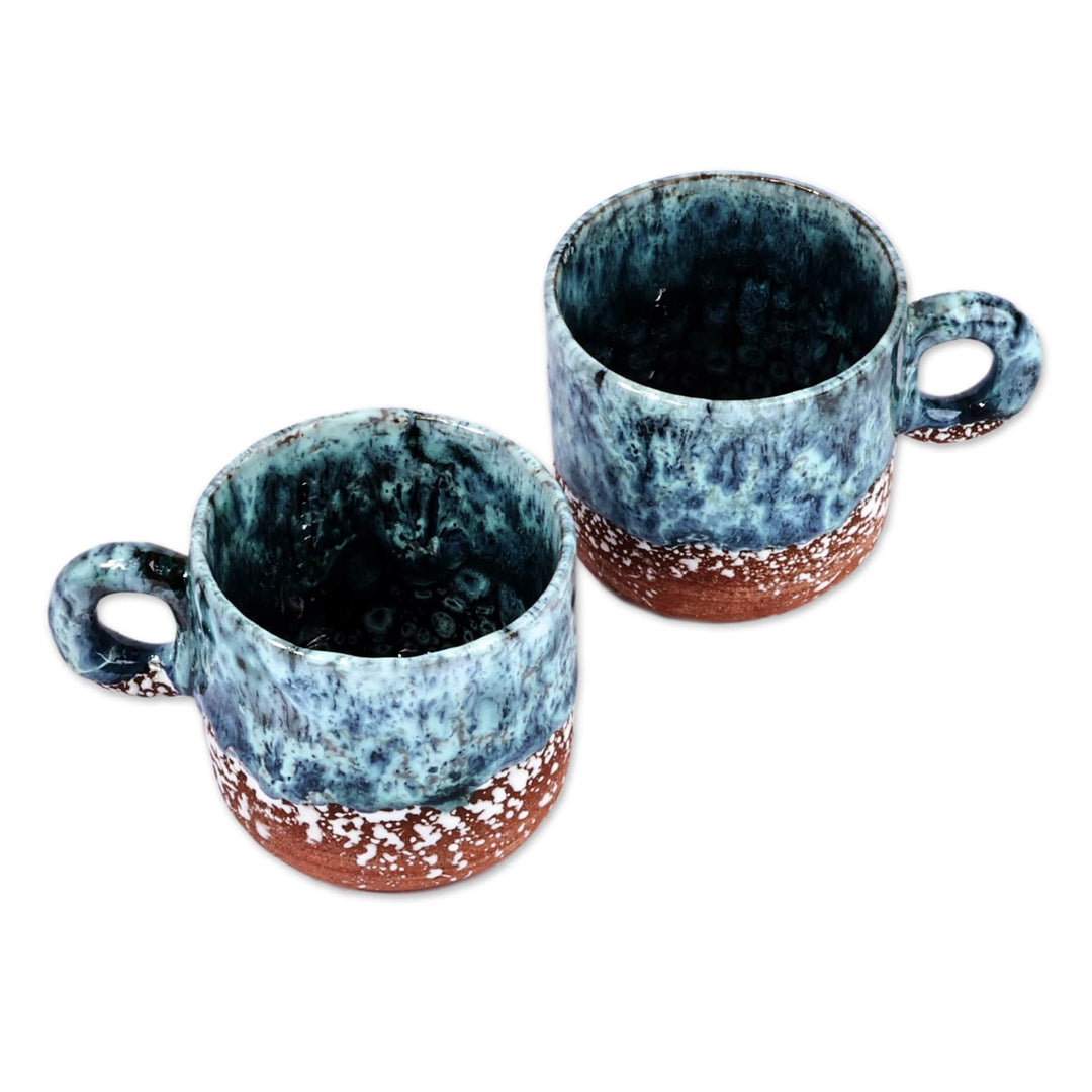Set of 2 Handmade Blue and Brown Ceramic Cups and Saucers - Blue Coffee Breeze