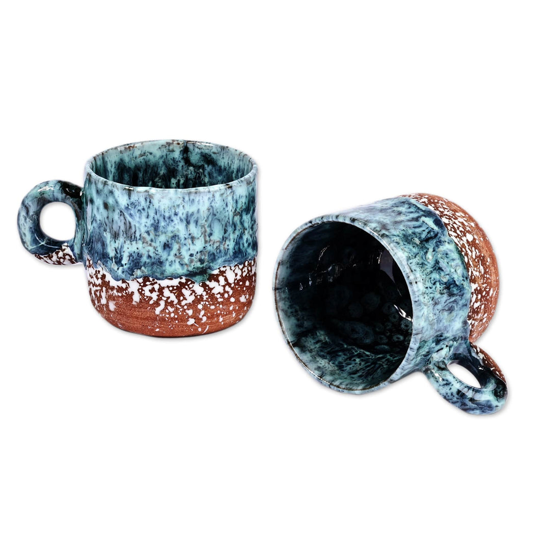 Set of 2 Handmade Blue and Brown Ceramic Cups and Saucers - Blue Coffee Breeze