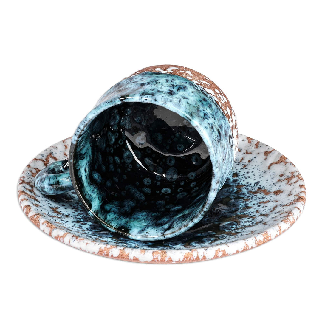 Handcrafted Blue and Brown Ceramic Cup and Saucer - Blue Coffee Breeze