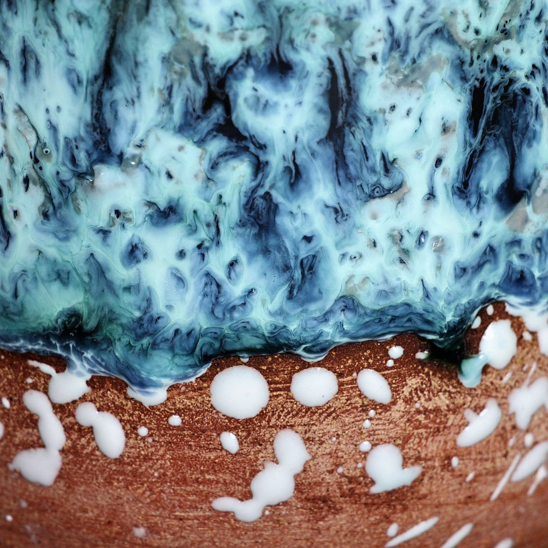 Handcrafted Blue and Brown Ceramic Cup and Saucer - Blue Coffee Breeze