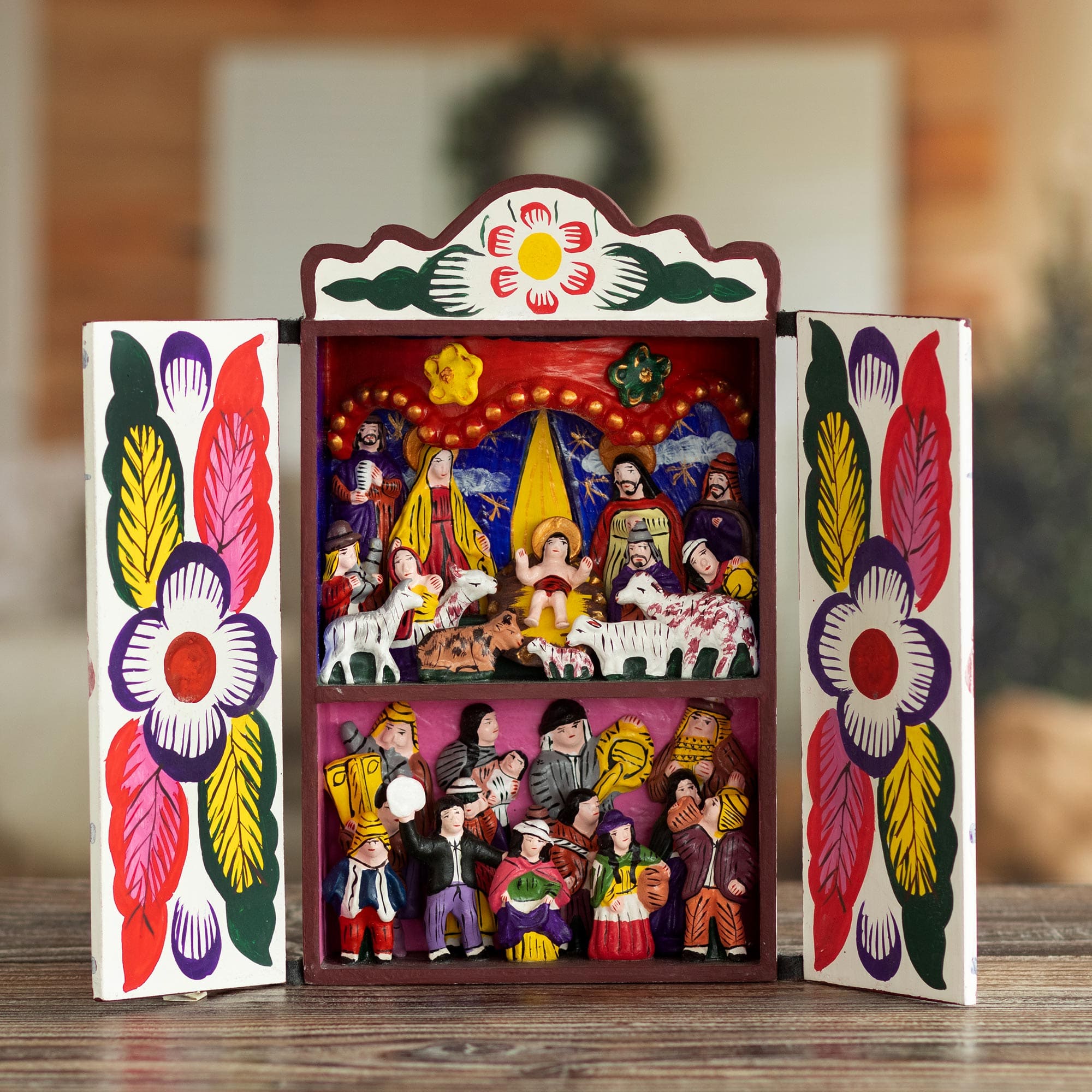 Collectible Peruvian Wood Multicolor Retablo Sculpture - Chapel of