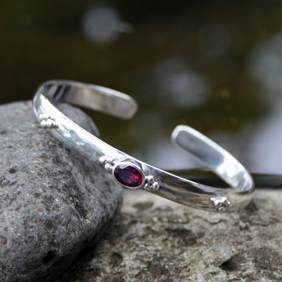 Garnet Sterling Silver Cuff Bracelet from Indonesia - Eye of Beauty