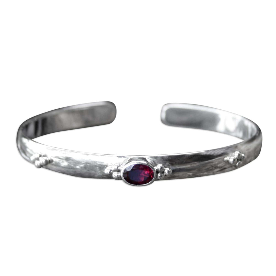 Garnet Sterling Silver Cuff Bracelet from Indonesia - Eye of Beauty
