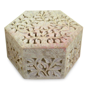 Handcrafted Jali Soapstone Jewelry Box - White Jasmine