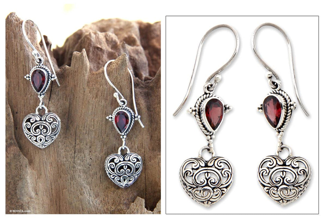 Heart Shaped Sterling Silver and Garnet Earrings - Love's Compassion