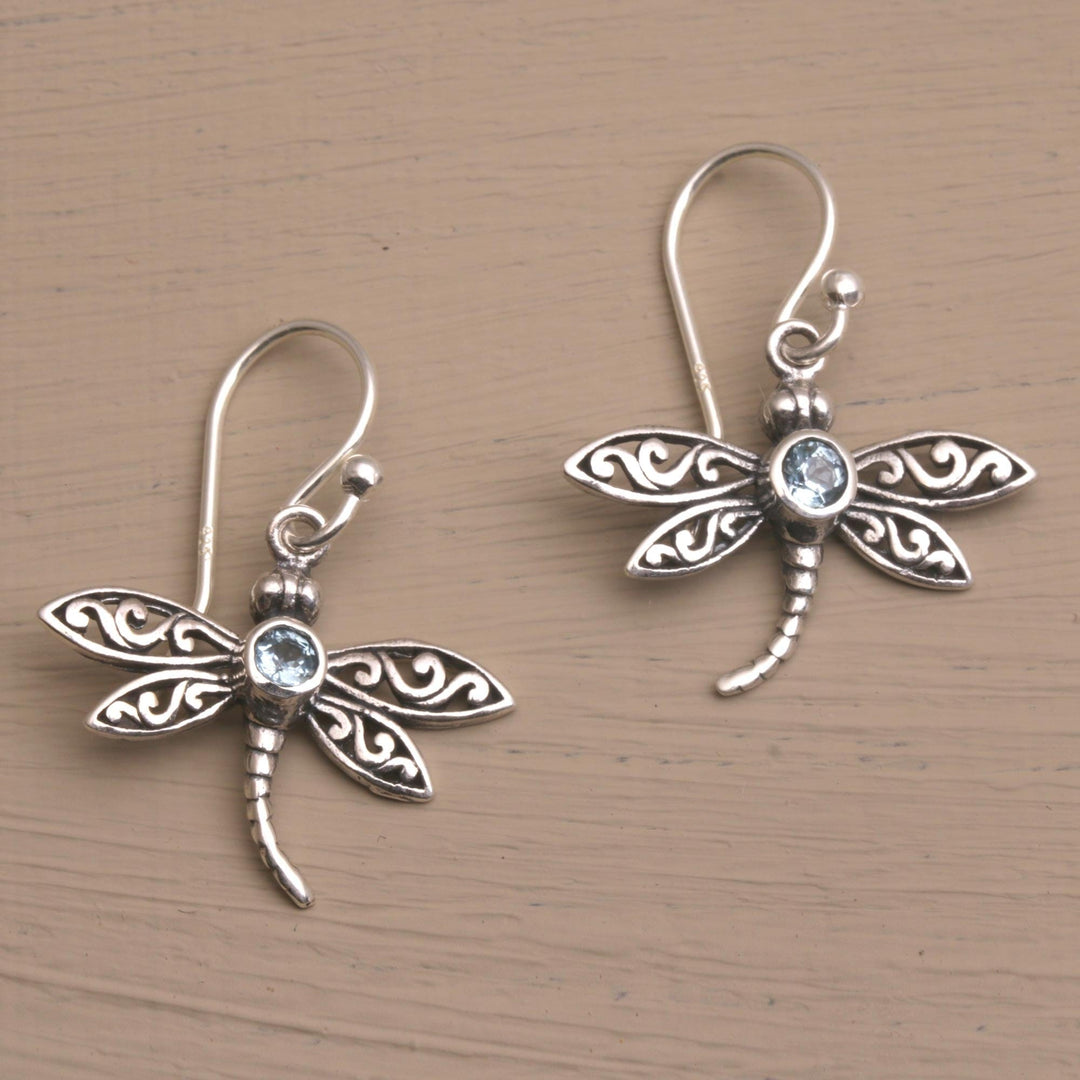 Sterling Silver and Blue Topaz Dangle Earrings - Enchanted Dragonfly