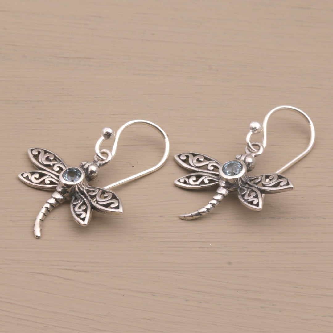 Sterling Silver and Blue Topaz Dangle Earrings - Enchanted Dragonfly