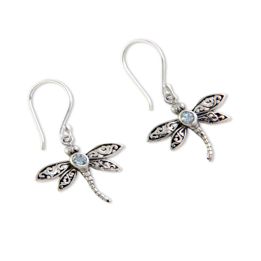 Sterling Silver and Blue Topaz Dangle Earrings - Enchanted Dragonfly