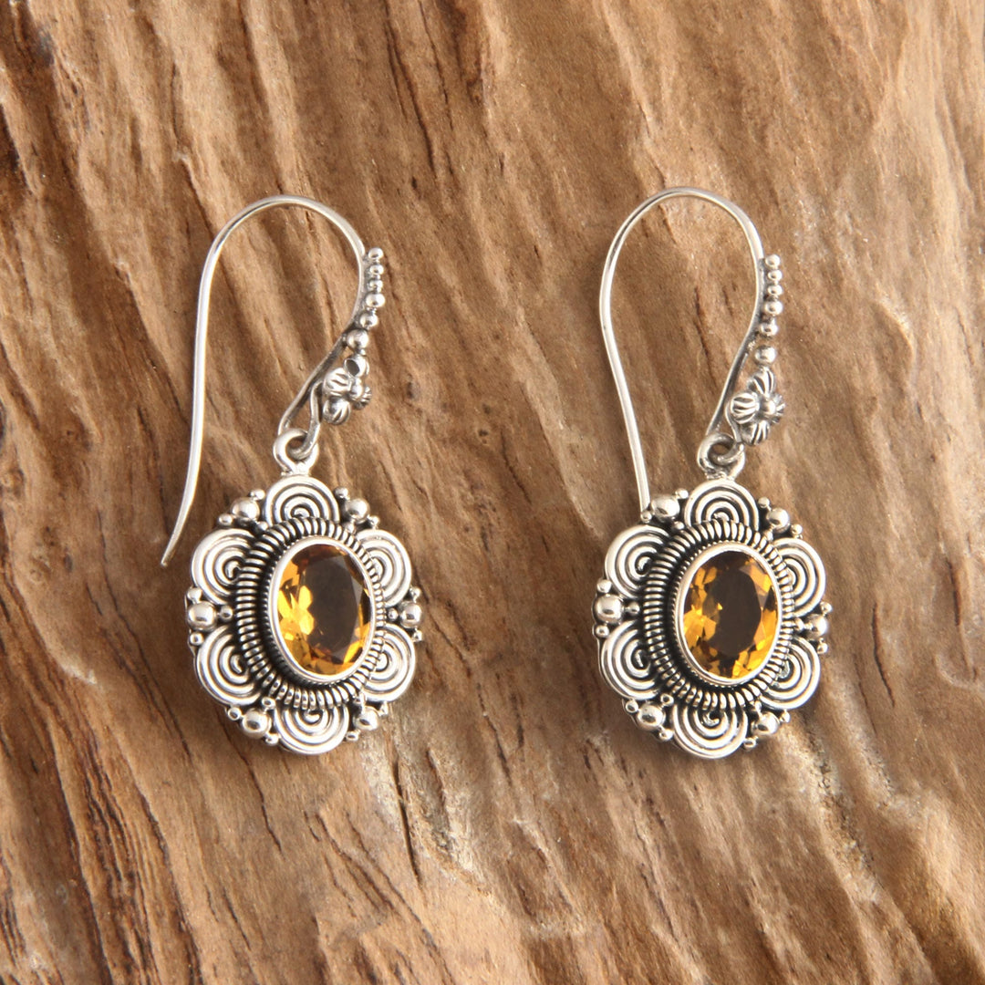 Floral Sterling Silver and Citrine Dangle Earrings - Sunflower