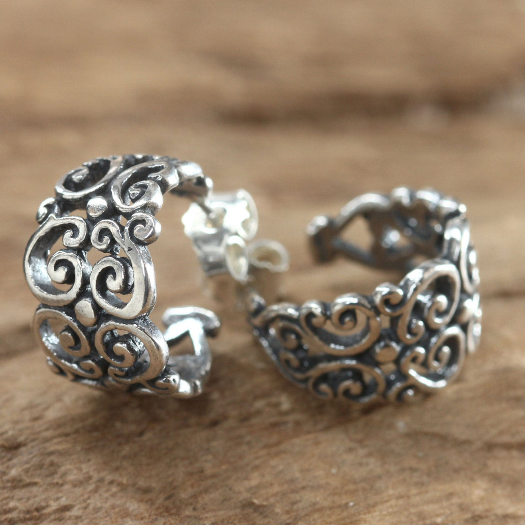 Sterling Silver Half Hoop Earrings - Swirling