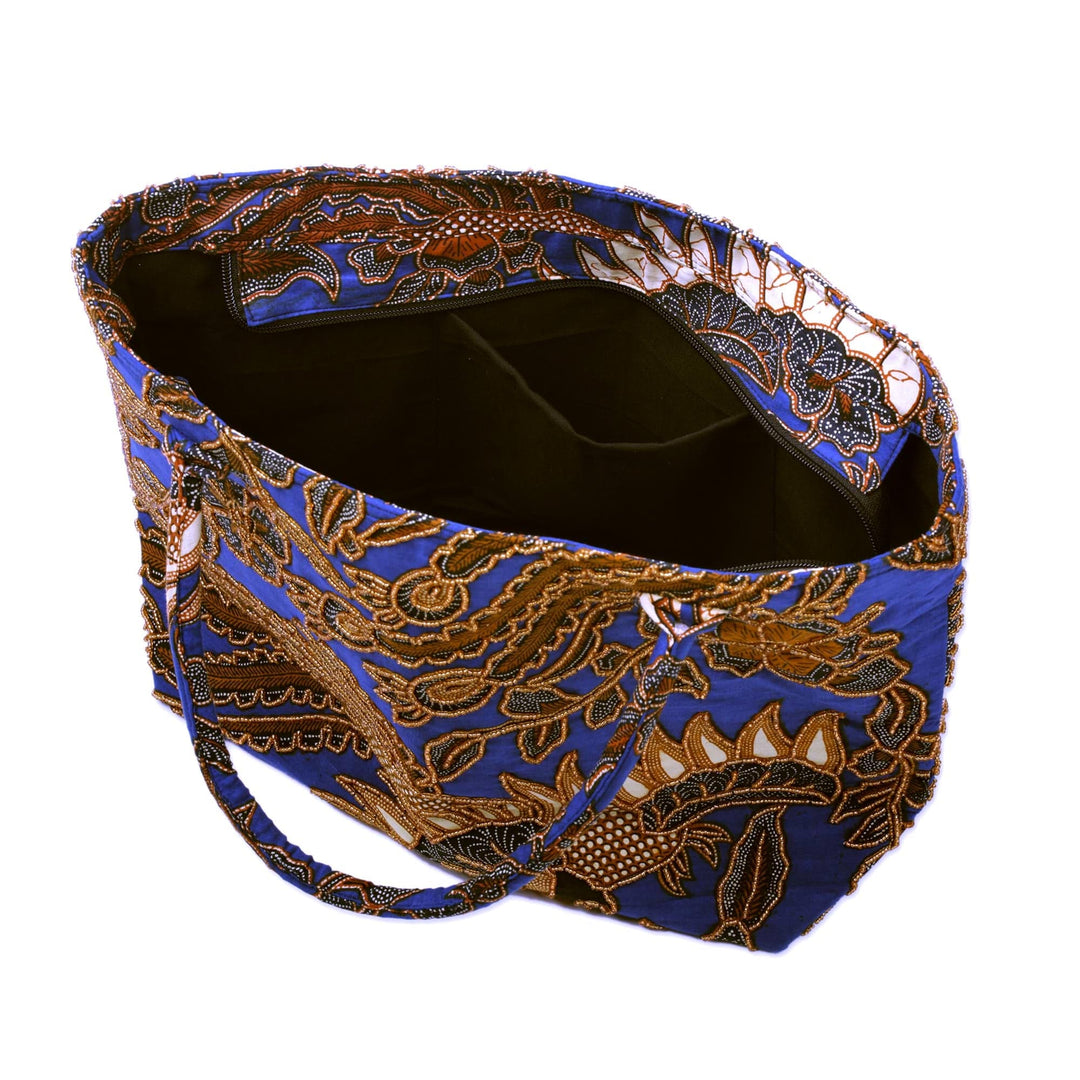 Beaded Blue Cotton Batik Handbag - Glorious Java