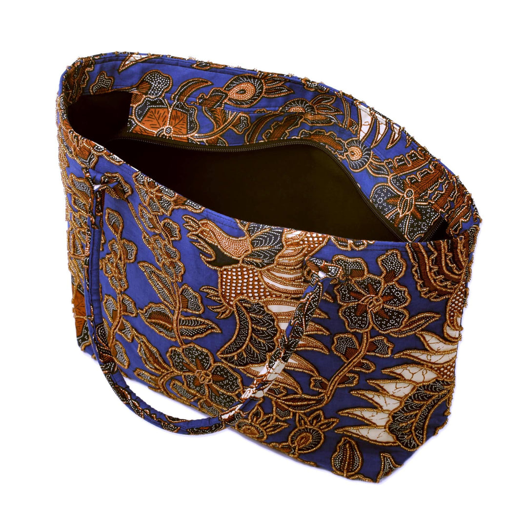 Beaded Blue Cotton Batik Handbag - Glorious Java
