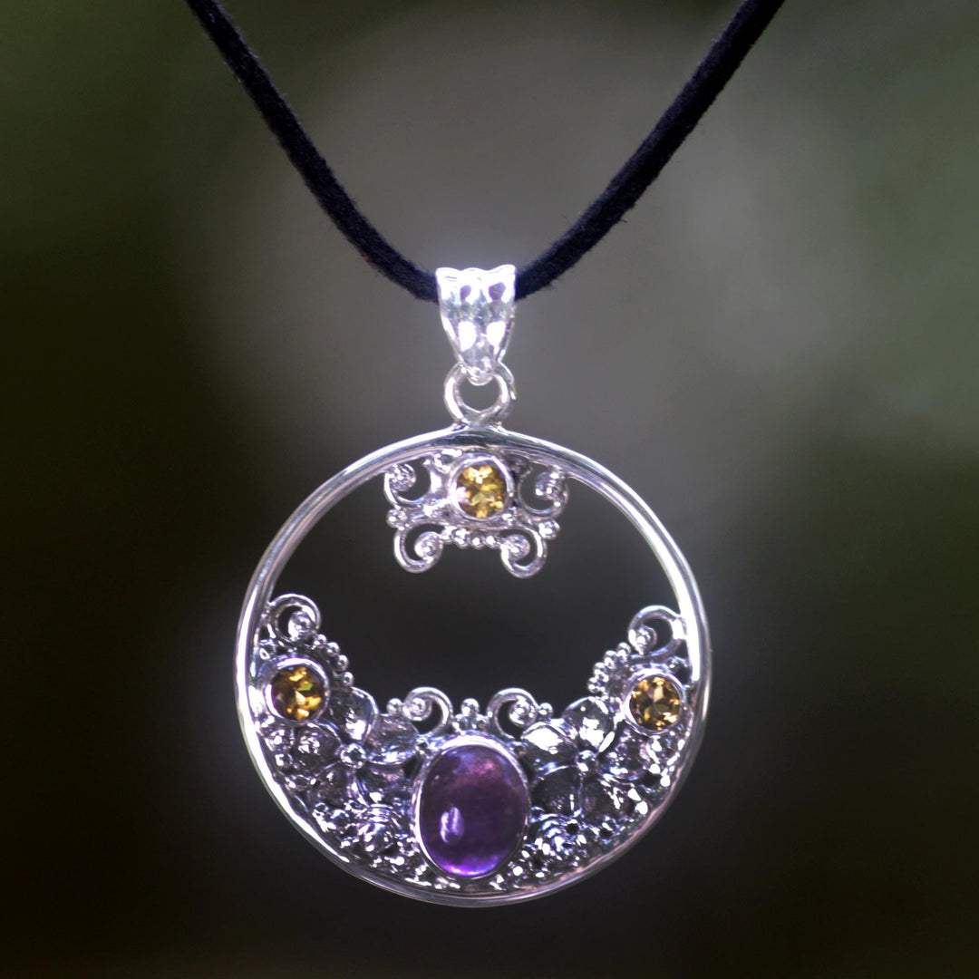 Citrine Amethyst and Sterling Silver Necklace Bali Jewelry - Frangipani Moon