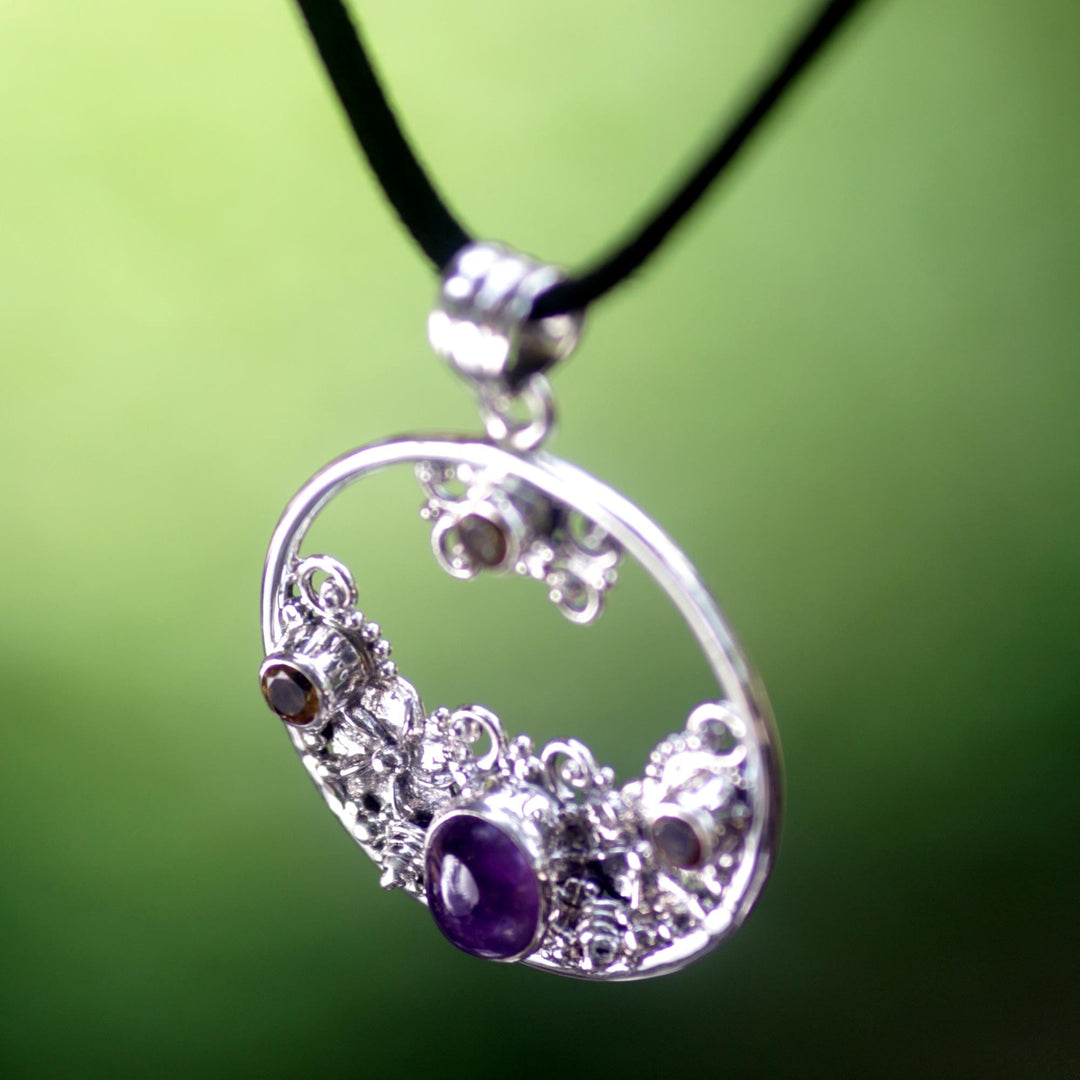 Citrine Amethyst and Sterling Silver Necklace Bali Jewelry - Frangipani Moon