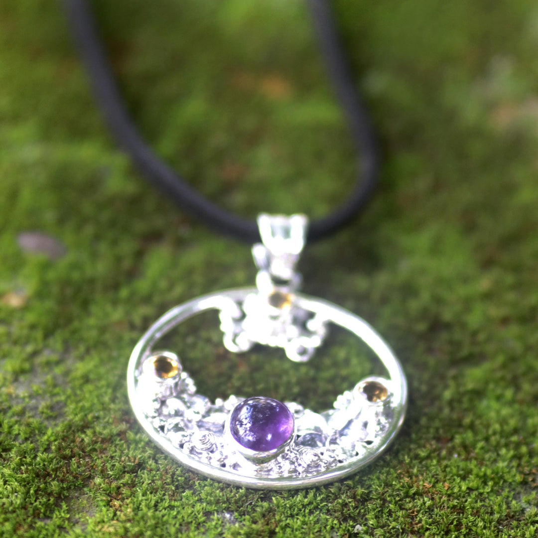 Citrine Amethyst and Sterling Silver Necklace Bali Jewelry - Frangipani Moon