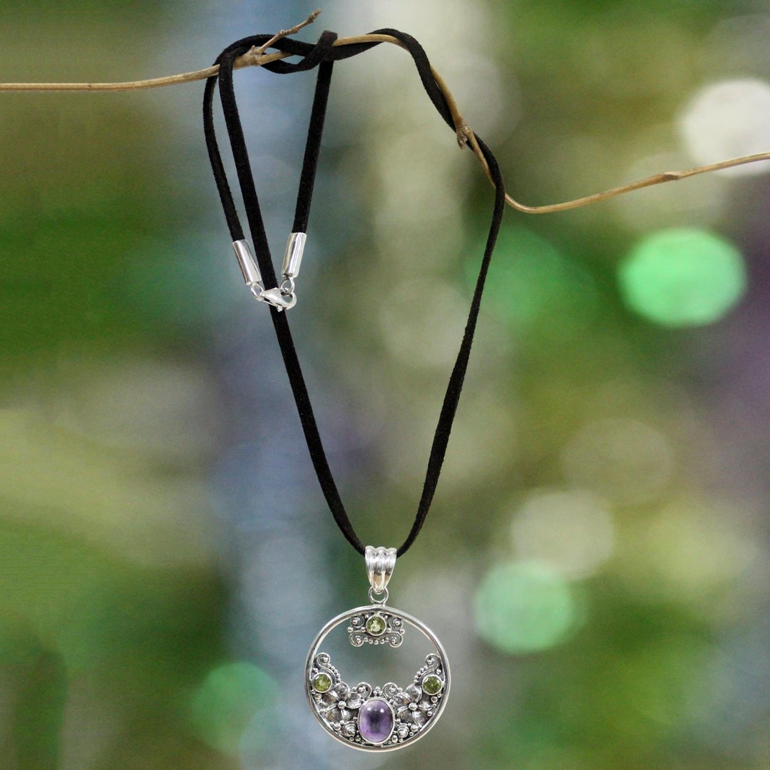 Peridot Amethyst and Sterling Silver Necklace Bali Jewelry - Frangipani Moon