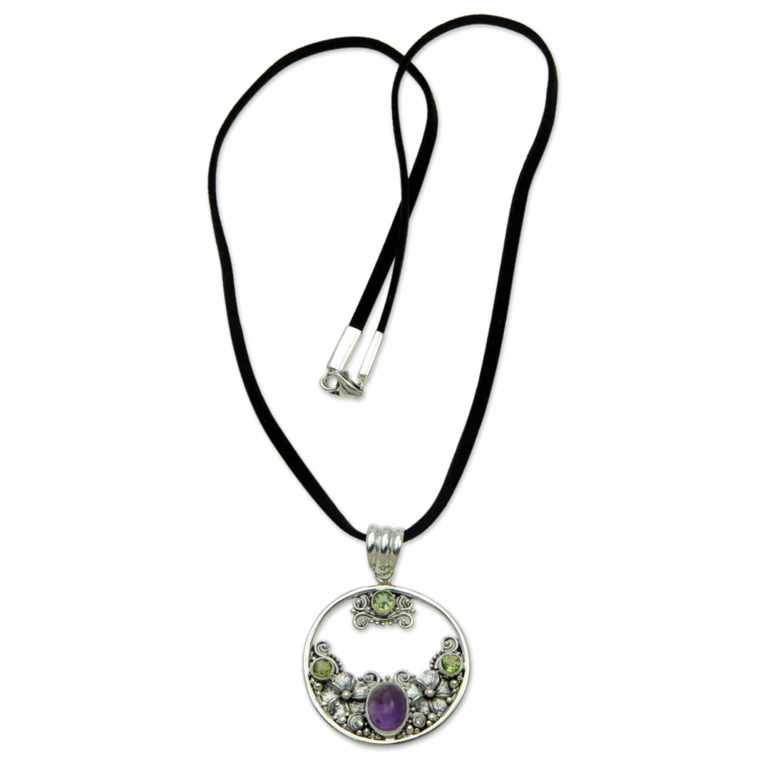 Peridot Amethyst and Sterling Silver Necklace Bali Jewelry - Frangipani Moon