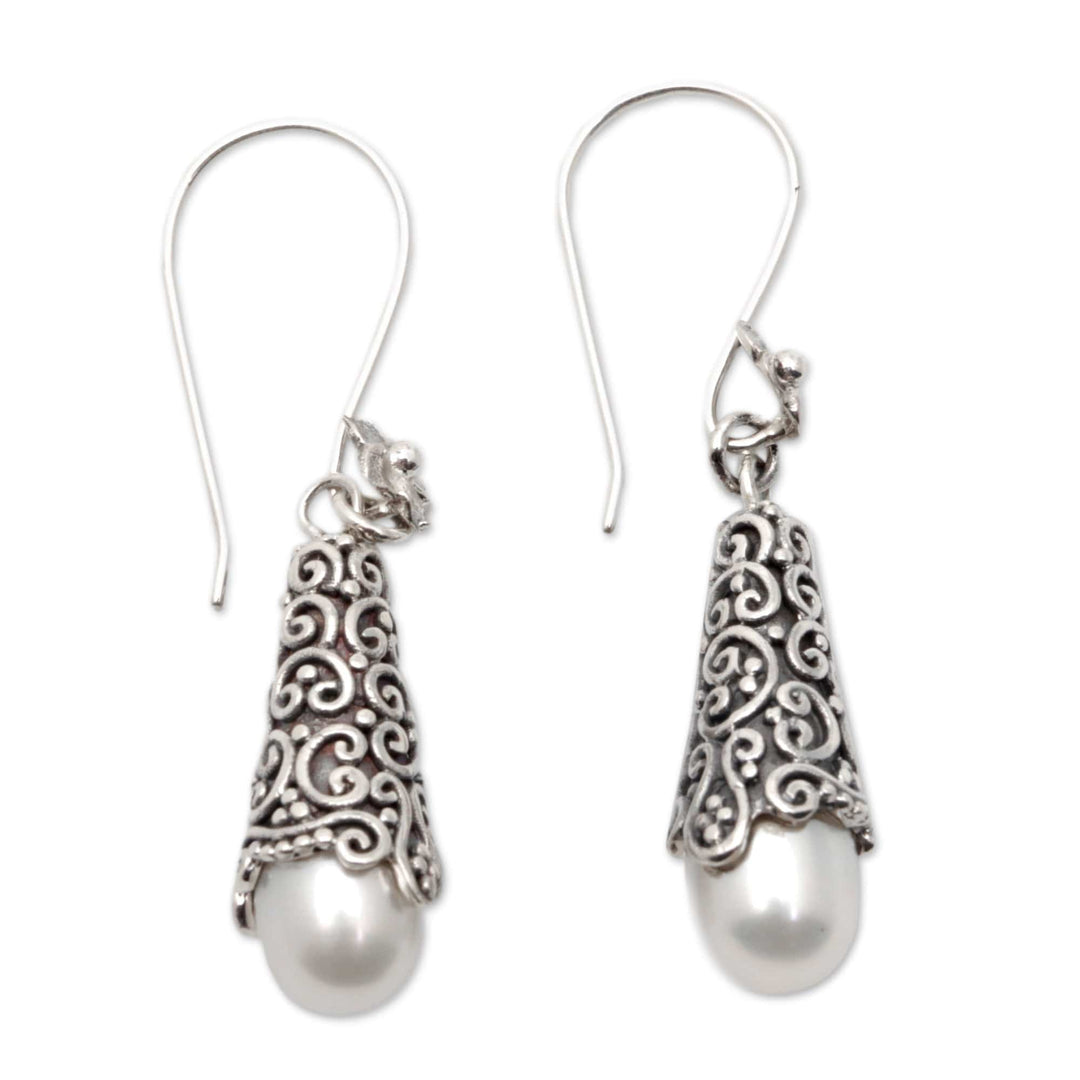 Sterling Silver and Cultured Pearl Dangle Earrings - White Arabesque Dewdrop
