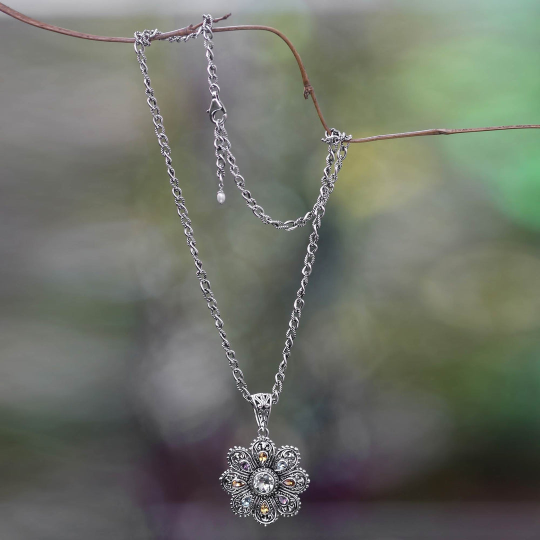 Multi-gemstone Flower Pendant Necklace - Rainbow Flower