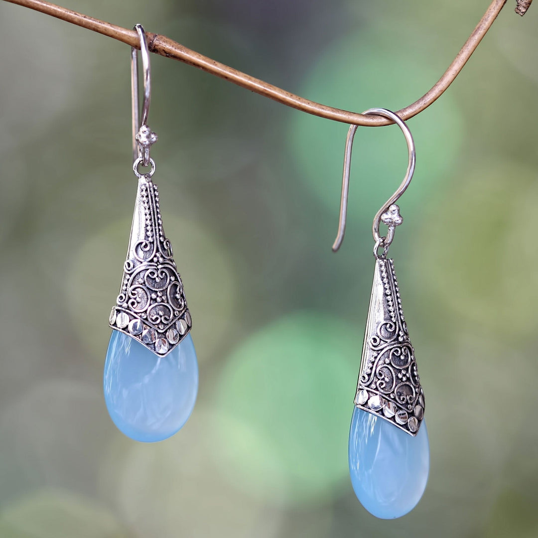 Light Blue Chalcedony and Sterling Silver Dangle Earrings - Puncak Jaya in Blue