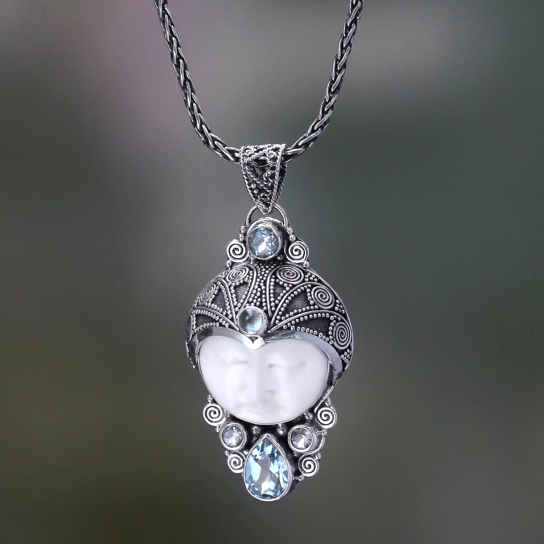 Carved Bone and Blue Topaz Silver Pendant Necklace - Dayang Sumbi