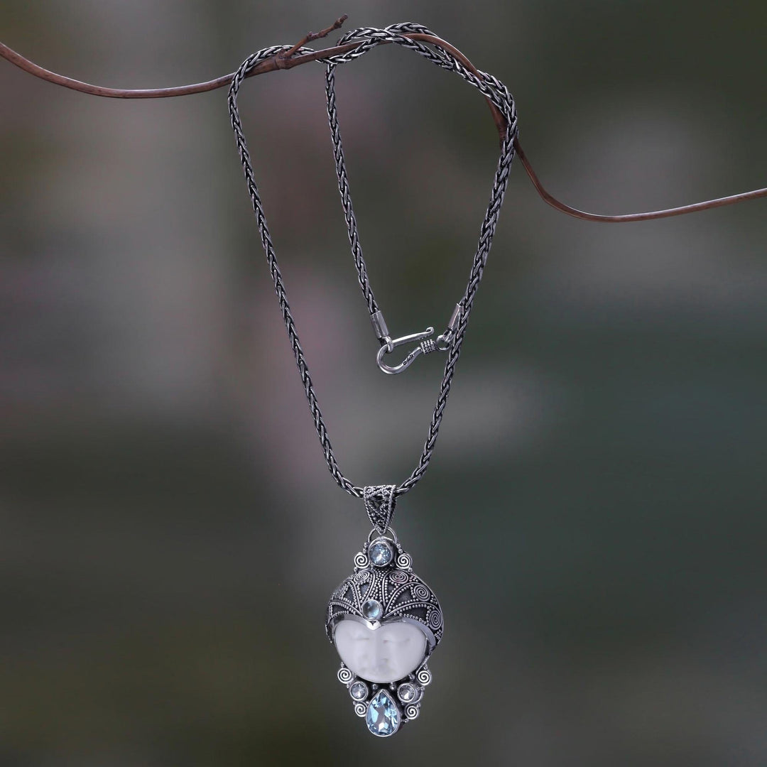 Carved Bone and Blue Topaz Silver Pendant Necklace - Dayang Sumbi