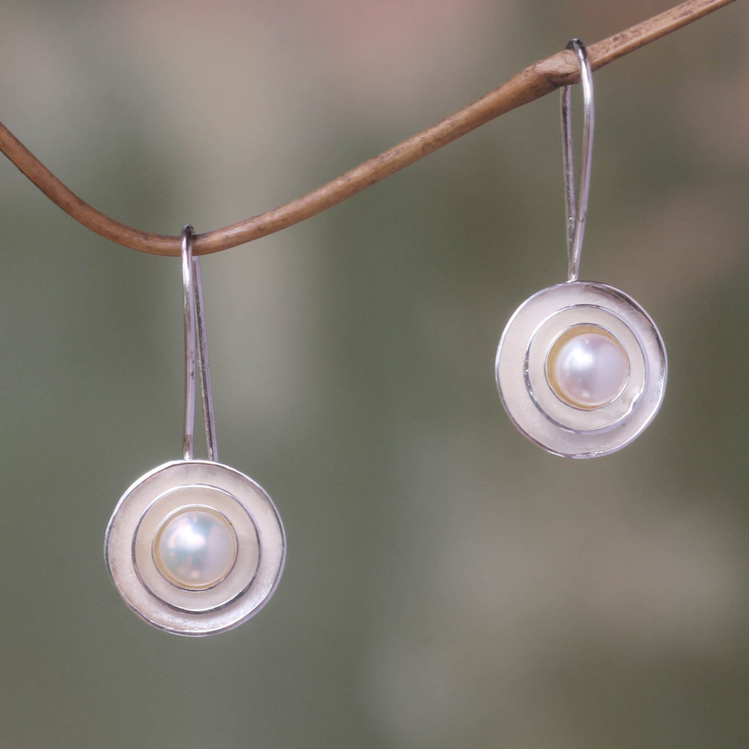 Cultured Pearl and Silver Drop Earrings - Lunar Halo