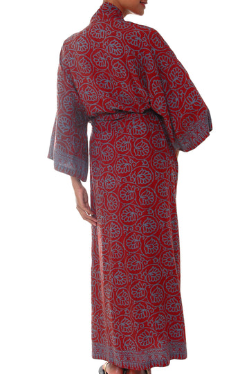 Women's Grey and Burgundy Hand Stamped Batik Belted  Robe - Morning Aster