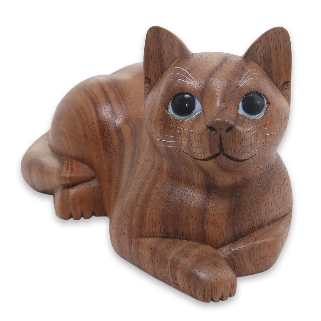 Hand Carved Wood Cat Sculpturenese Artisan - Short Haired Cat