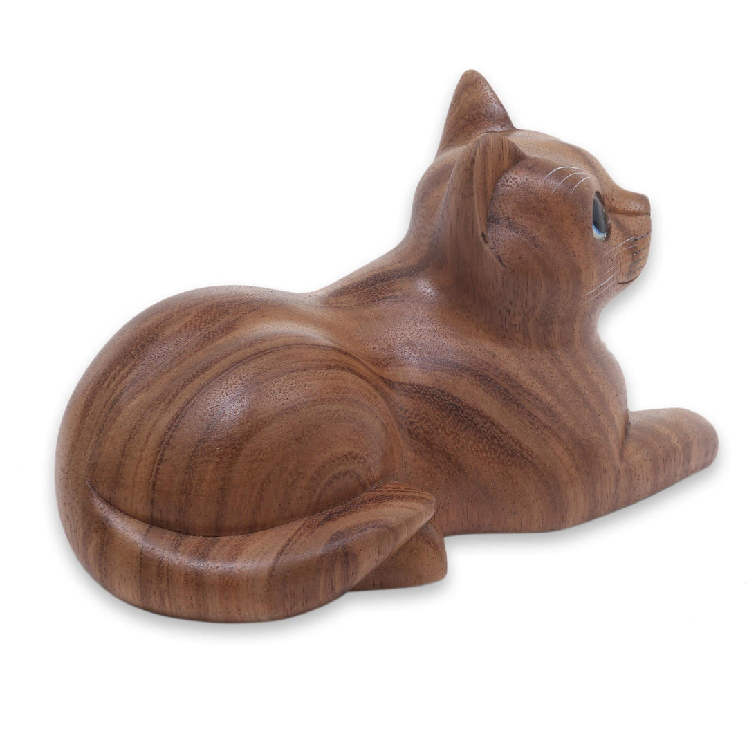 Hand Carved Wood Cat Sculpturenese Artisan - Short Haired Cat