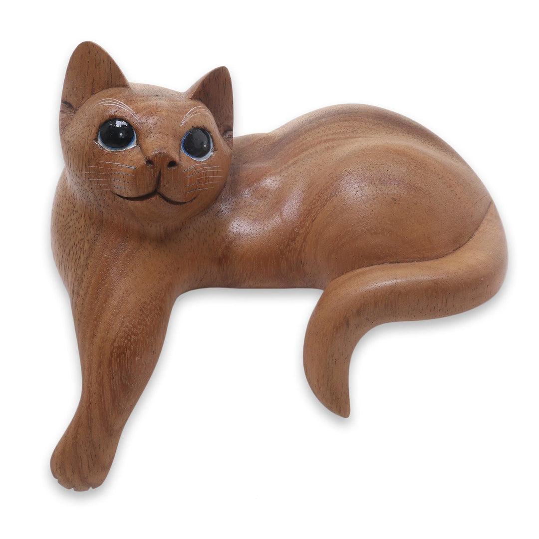 Hand Carved Kitty Cat Sculpture in Medium Wood Finish - Watchful Ginger Cat