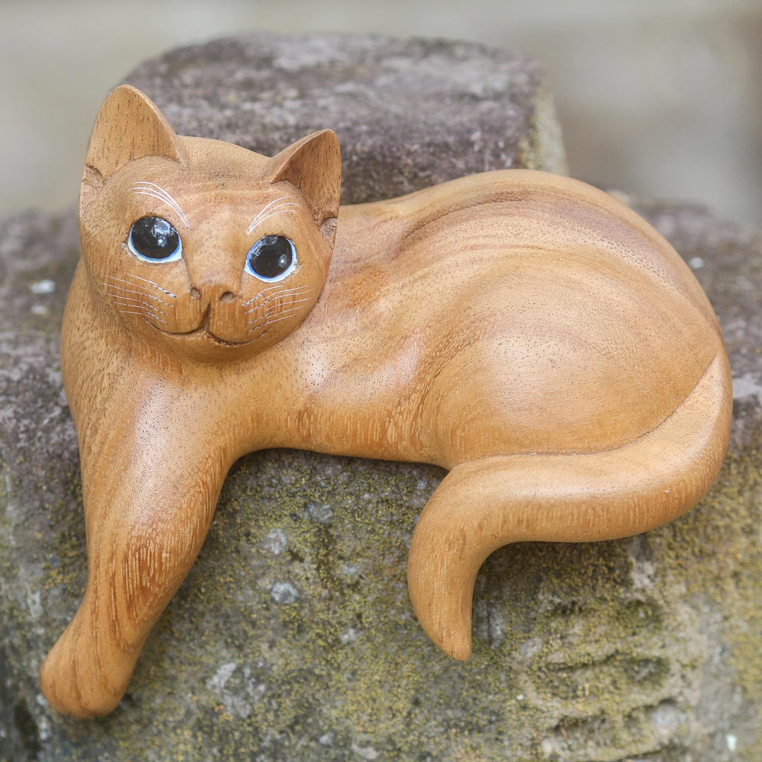 Hand Carved Kitty Cat Sculpture in Medium Wood Finish - Watchful Ginger Cat