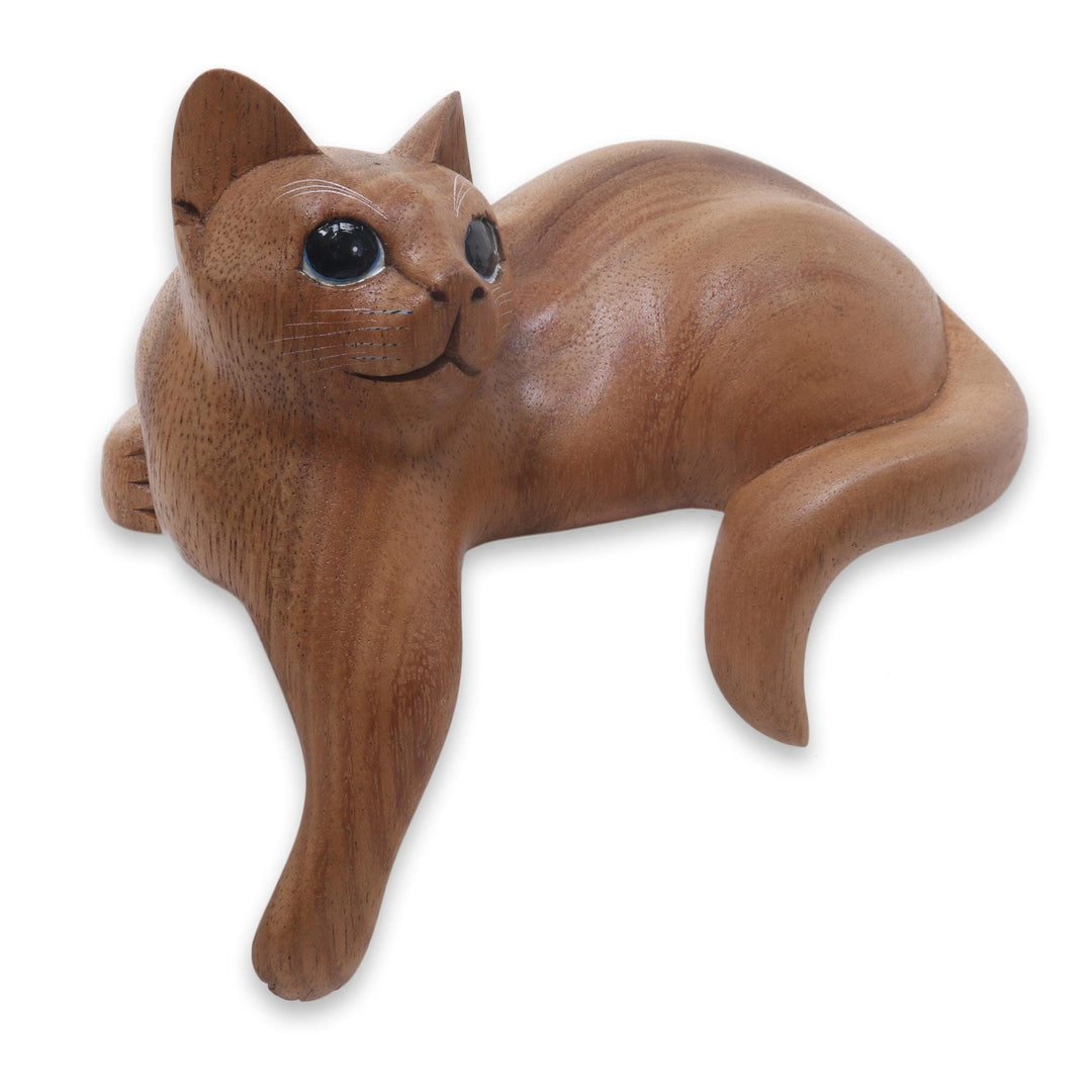 Hand Carved Kitty Cat Sculpture in Medium Wood Finish - Watchful Ginger Cat