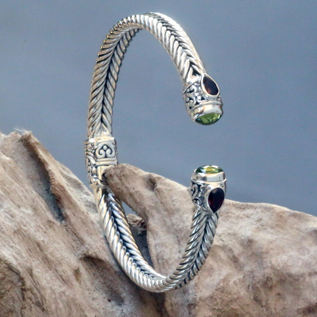 Braided Sterling Silver Cuff with Peridot and Garnet Gems - Flower Buds