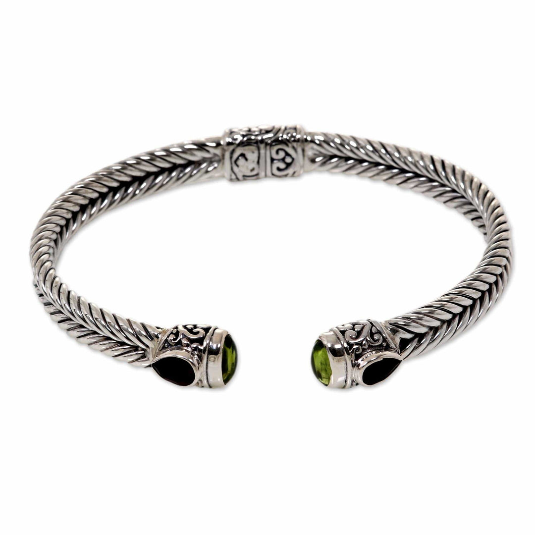 Braided Sterling Silver Cuff with Peridot and Garnet Gems - Flower Buds
