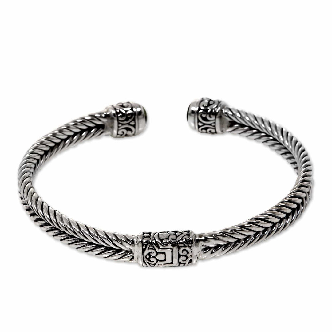 Braided Sterling Silver Cuff with Peridot and Garnet Gems - Flower Buds