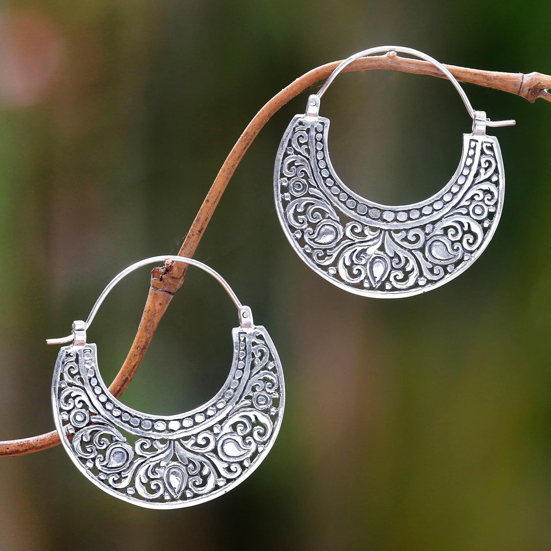 Ornately Detailed Sterling Silver 925 Hoop Earrings - Garden of Eden